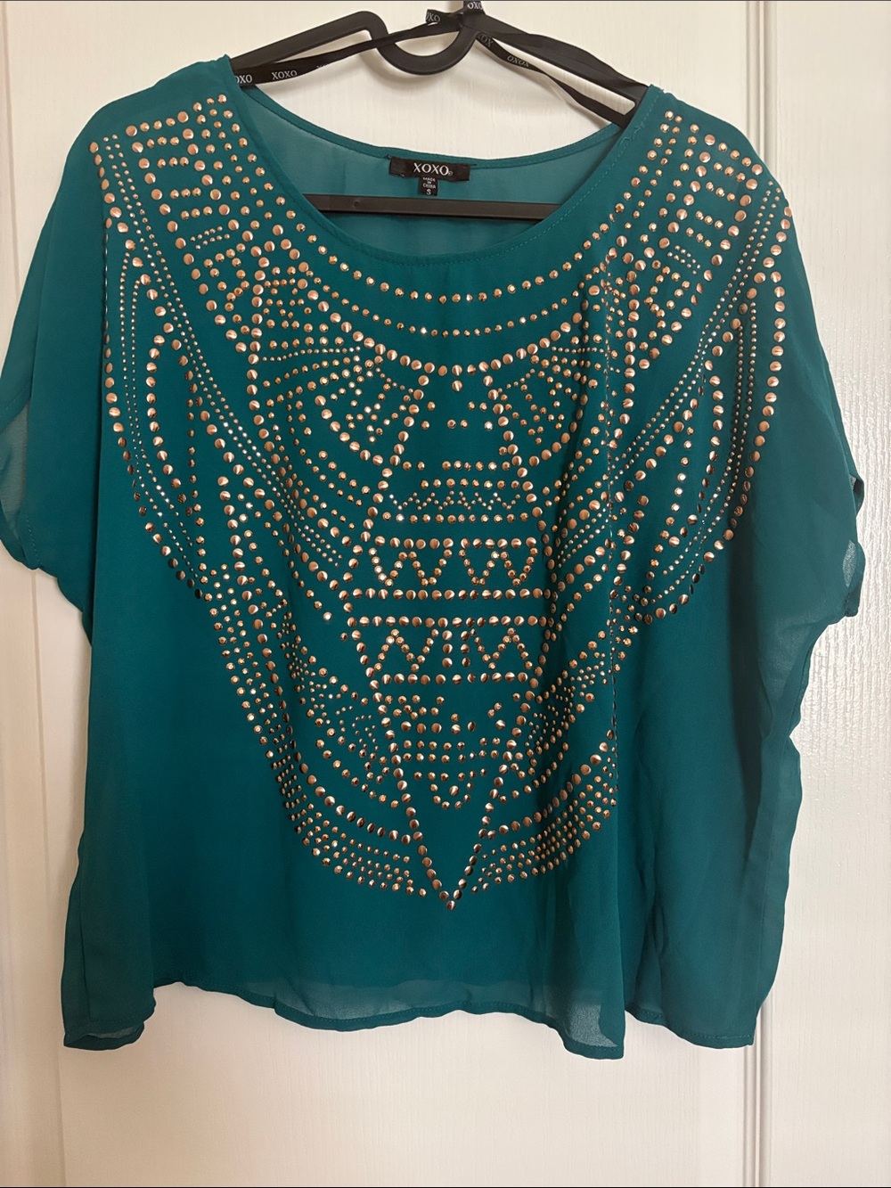 XOXO Teal Chiffon Blouse with Gold Stud Embellishment
